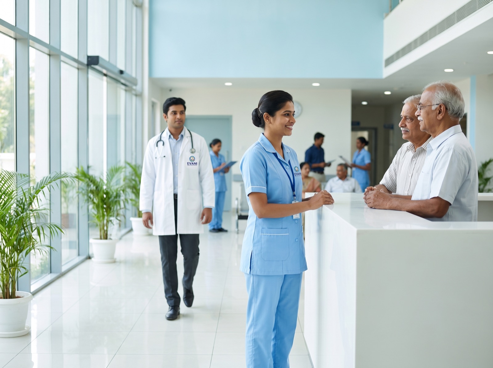 An Evani nurse welcoming an elderly couple at the reception desk
