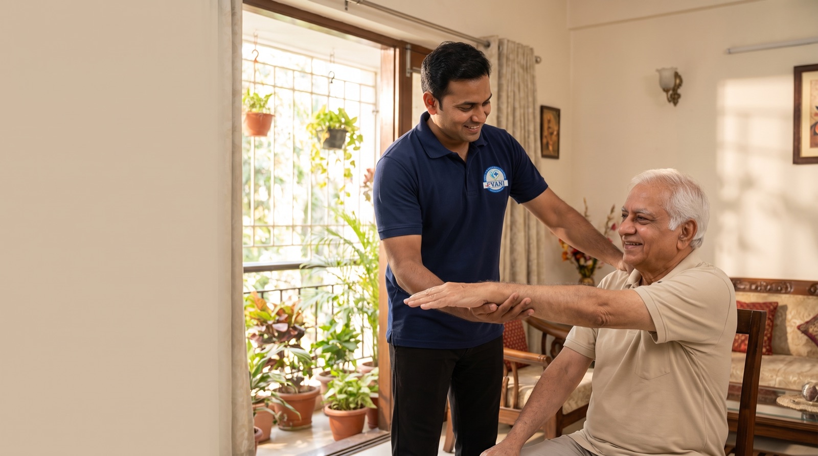 Physiotherapist guiding an elderly man through exercises at home