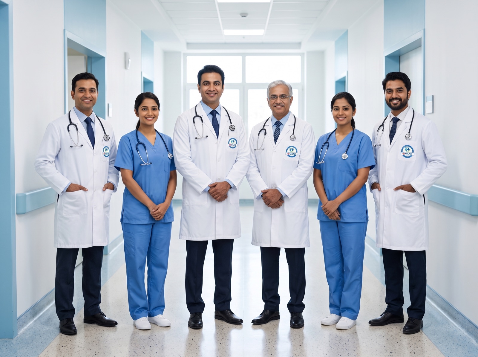 Evani doctors and nurses standing together in a hospital corridor