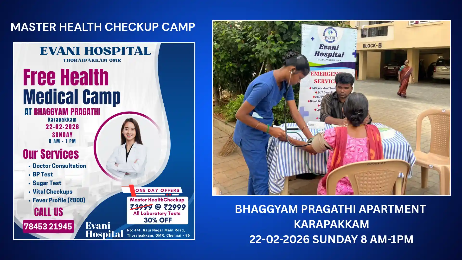 MASTER HEALTH CHECKUP CAMP-BHAGGYAM-PRAGATHI-APARTMENT-Karapakkam-Evani-HOSPITAL